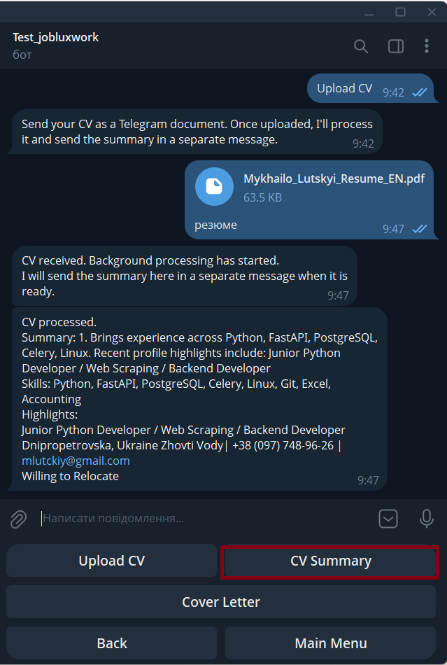 CV summary result